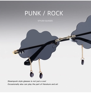 Detail of cloud-shaped sunglasses with metal frame and hanging crystal water droplets