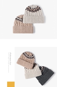 Detailed close-up of thick winter knit beanies with jacquard patterns and ribbed cuffs