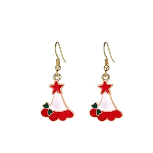 Detail of Christmas drop earrings with star studs and red striped holiday pendants