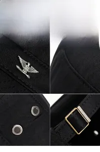 Detail view of cotton flat top cap with eagle badge, stitching and metal buckle