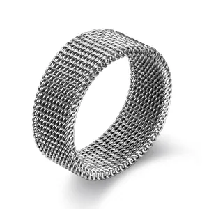 8mm stainless steel mesh ring for men featuring industrial braided design and polished finish