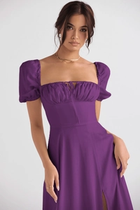 Detail of square neck with drawstring ruching and puff sleeves on purple summer dress