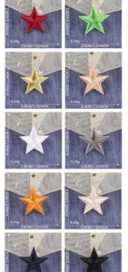 Macro detail of star-shaped embroidery patches in ten colors with size and weight specs