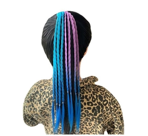 Detail of purple to blue gradient braided hair extensions for girls' hair styling
