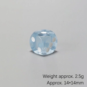 Close-up of 14mm light blue transparent resin dice weighing 2.5g with white dots