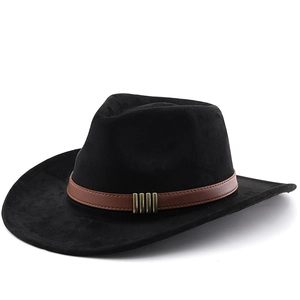 Classic black suede western cowboy hat with brown leather strap and gold metal accents
