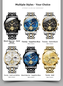 Six luxury men's quartz watches with multi-functional dials and steel bands in various colors
