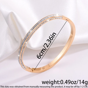 Detailed size view of rose gold titanium steel bracelet with double row cubic zirconia