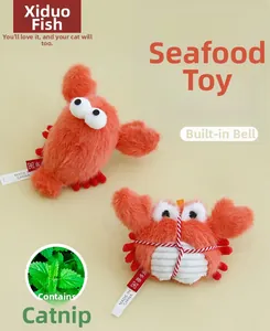 Plush lobster and crab catnip toys with built-in bells for dental cleaning and play