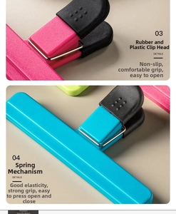 Detailed close-up of plastic food sealing clips with strong metal spring and non-slip grips