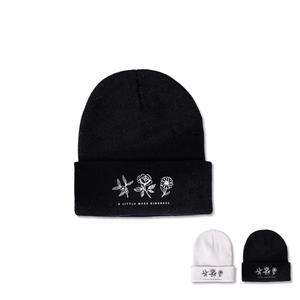 Acrylic Beanie Hat With Flowers Embroidery And Slogan Folded Cuff Warm Knitted Cap For Winter Outdoor Unisex