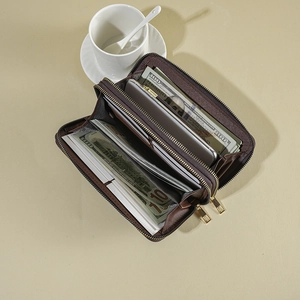 Dark brown long dual-zipper PU leather wallet with large capacity and multi-slots for cards