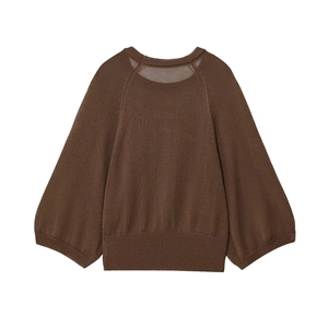 Brown crew neck knit sweater with raglan sleeves and ribbed cuffs on white background