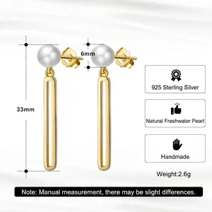 Handmade 925 sterling silver drop earrings with natural baroque pearls in gold finish