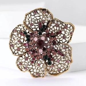 Vintage gold hollow flower brooch with colorful rhinestones for women suit accessory