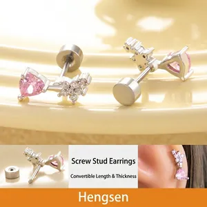 Pink Heart Zircon Flower Cartilage Stud Earring With Stainless Steel Screw Back Sweet Dainty Piercing Jewelry For Women