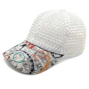 Breathable white mesh baseball cap for women featuring artistic orange and cyan floral brim