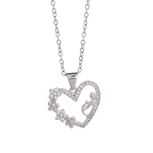 Silver heart necklace for women featuring a mother-child silhouette and zircon inlays