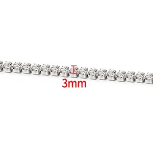 Macro detail of 3mm silver tennis chain with square prong-set clear cubic zirconia stones
