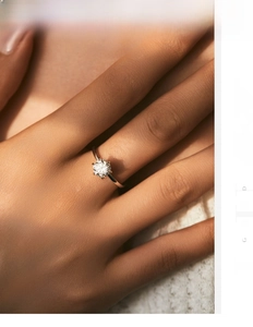 Macro shot of 1 carat moissanite ring with classic prong setting on a model's finger