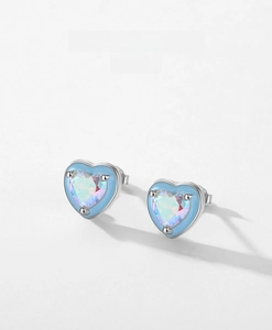 Detail of S925 silver heart stud earrings with blue enamel and colorful zircon stone