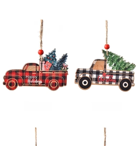 Detail of wooden Christmas truck ornaments with plaid patterns and holiday greetings