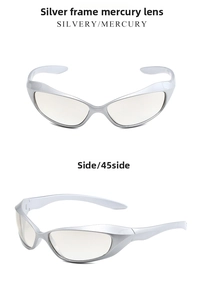 Front and side view of futuristic Y2K sports sunglasses with silver frame and mercury lenses