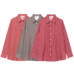 Women Long Sleeve Striped Blouse Shirt Polyester Lapel Button Down Casual Office Wear Elegant