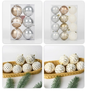 Close-up of gold and white 8cm Christmas ornaments with intricate hollow floral patterns