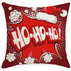 Red Christmas pillow cover with Ho-Ho-Ho print and Santa hat design in pop art style