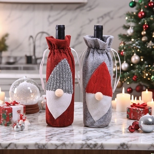 Christmas Wine Bottle Covers Gnome Design Knitted Hat Felt Drawstring Bag Holiday Table Decor Long Beard Swedish Tomte