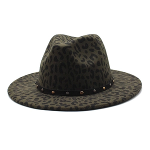 Olive green leopard print fedora hat with wide flat brim and metallic studded band