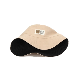 Casual beige and black reversible sun hat with square woven patch for women
