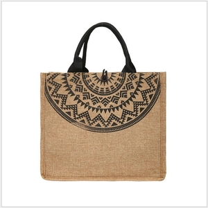 Ethnic linen tote bag with geometric print and black handles for women shopping