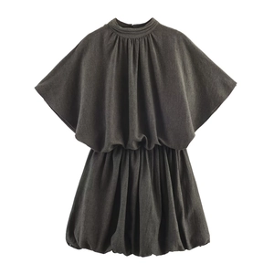 Women Mini Dress Balloon Hem Puff Sleeve Mock Neck Pleated Solid Color Cotton Blend Casual Vacation Fashion Elegant