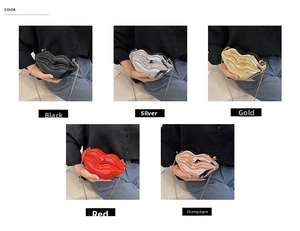 Lip-shaped acrylic chain bags in black, silver, gold, red, and champagne colors