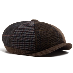 Classic newsboy cap in mixed tweed herringbone and plaid patchwork for men