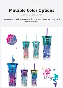 Detail of double-walled mermaid scale plastic cups with colorful sequins and straws