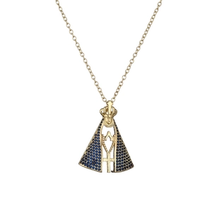 Collana religiosa dorata con pendente a corona in zircone blu e dettaglio a croce