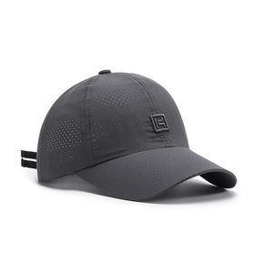 Breathable dark grey sun protection baseball cap with mesh texture and square logo