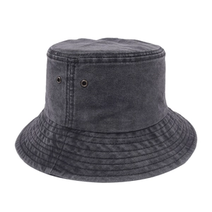 Unisex washed denim bucket hat in charcoal grey with vintage finish and metal eyelets