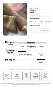 Detailed chart showing scarf size 55x190cm, polyester material, and fabric macro view