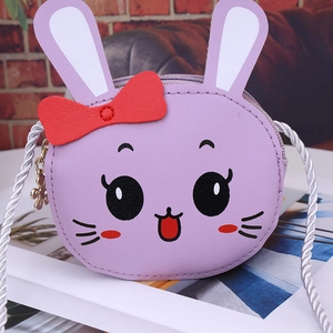 Purple rabbit toddler crossbody bag with red bow and woven rope shoulder strap