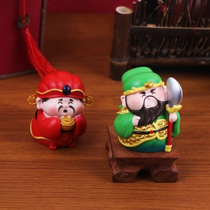 Five Wealth Gods figurines with red and green deities on a wooden base for office decor