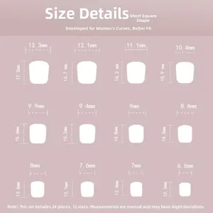 Detailed size chart for short square press-on nails with 12 sizes and 24 pieces set