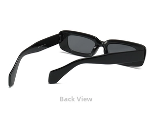 Detail view of black rectangular sunglasses showing hinge design and internal specs