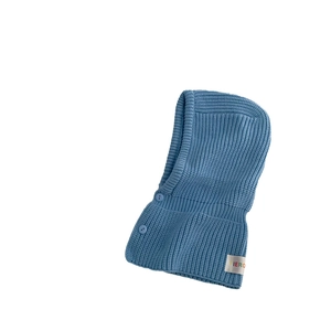 Blue knit baby hood scarf with ear protection and side buttons on white background