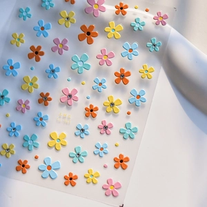 3D embossed five-petal flower nail stickers with sparkling rhinestones and colorful petals