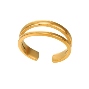 Minimalist double layer gold plated stainless steel open ring with adjustable band
