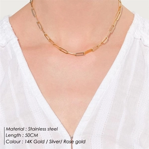 50cm gold plated stainless steel paperclip chain necklace worn on a female model